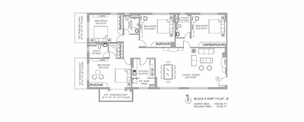 4 bhk duplex house plans: unit plan of 1700 SQFT