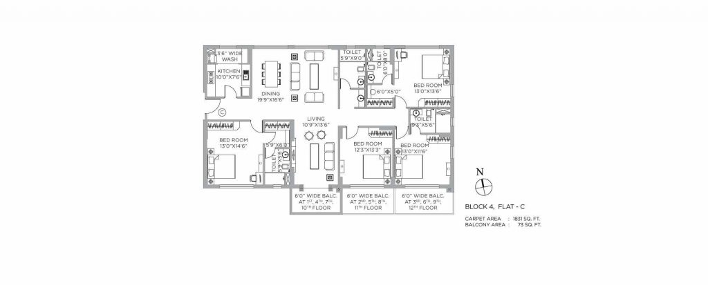 4 bhk duplex house plans: unit plan of 1831 SQFT