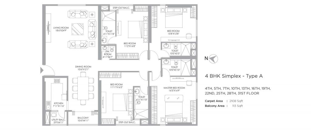 4 bhk duplex house plans: unit plan of 2221 SQFT