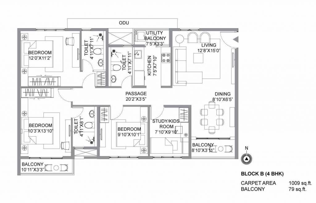 4 bhk duplex house plans: unit plan of 1009 SQFT