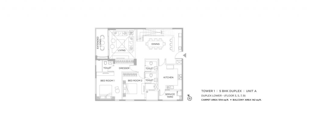 Duplex Apartments: lower unit plan of 5bhk Navyom