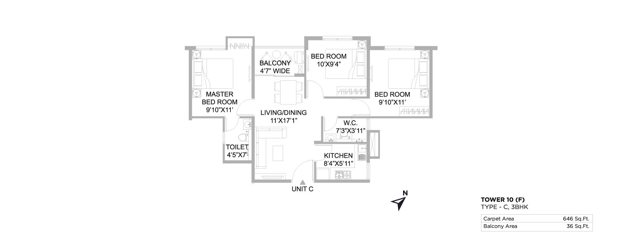 The 102 3 BHK 646 Sq. Ft.